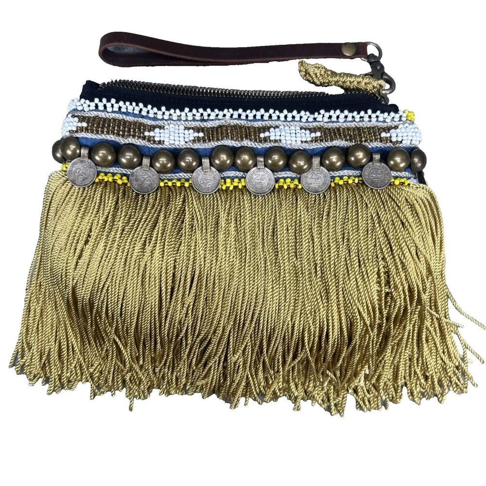 Elliot Mann NY Indie Clutch‎ Wristlet Beaded Gold Fringe Coins Boho Handcrafted